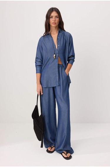 Blue Drapey Fine Fabric D Denim Bottom - Top Set