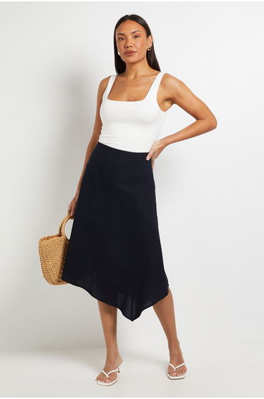 Linen Blend Dipped Hem Skirt