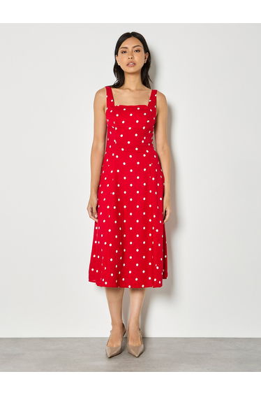Linen Blend Polka Dot Midi Dress