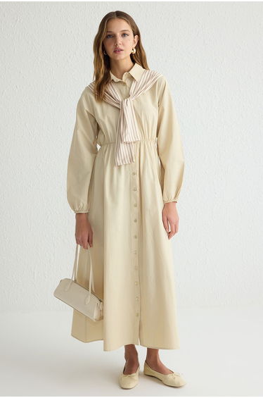 Beige Striped Shoulder Scarf Detail Woven Shirt Dress