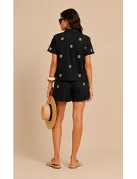 Black Embroidered Cotton Linen Shorts - 1