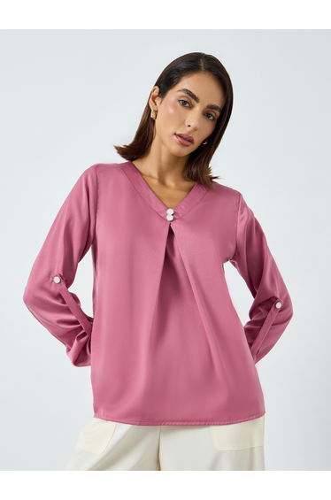 Women Solid V-Neck Faux Pearl Detail Top