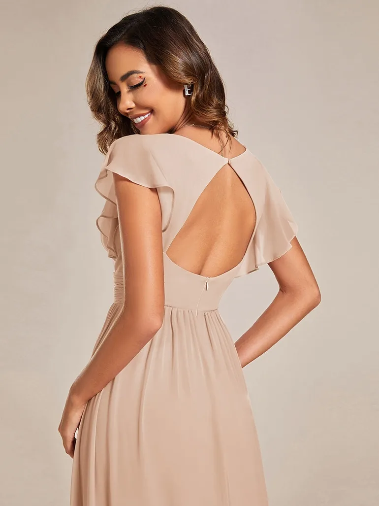 Short Sleeve Ruffle V-Neck Pleated Backless A-Line Floor Length Bridesmaid Dresses - 2