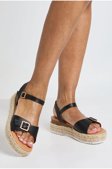 Wide Fit Buckle Detail 2 Part Flatform Wedges - black
