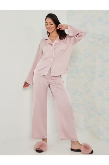 Solid Piped Button Through Shirt and Pyjama Set