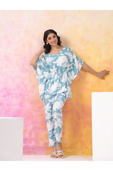 Women Floral Rayon Print Kaftan Top and Trousers Set