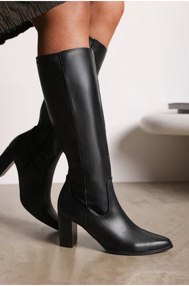 Veda Black Faux Leather Knee High Boots with Block Heel