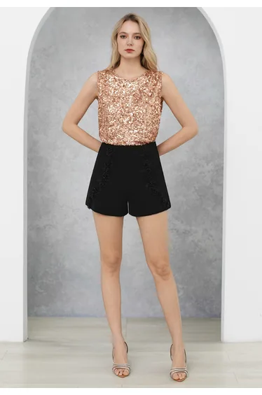 All-Over Sequin Sleeveless Top in Rose Gold for Holiday Parties & Special Occasions