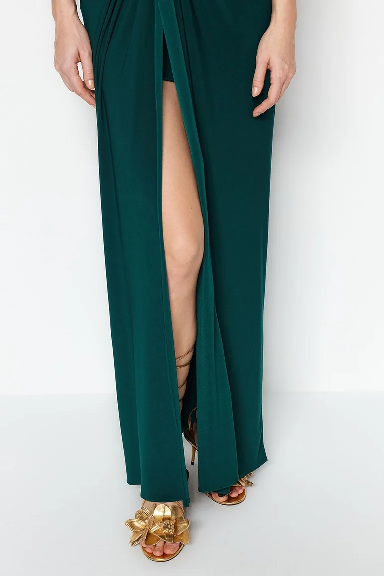 Emerald Green Lined Knitted Long Evening Evening Dress - 3