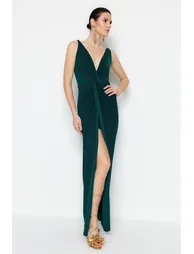 Emerald Green Lined Knitted Long Evening Evening Dress