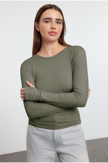 Khaki Viscose/Soft Fabric Finger-Touch Detailed Flexible Knitted Blouse