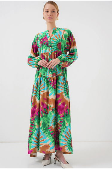 BDART Printed V-Neck Maxi Dress with Button Closure