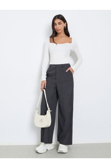 Women Charcoal Corduroy Flat Front Wide Leg Pants