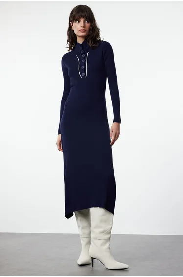 Navy Blue Maxi Knitwear Striped Bias Detailed Dress