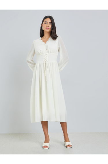 Off White Tie-Up Waist Lace Neckline Midi Dress