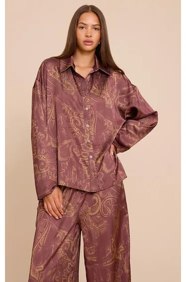 Brown Paisley Printed Satin Shirt