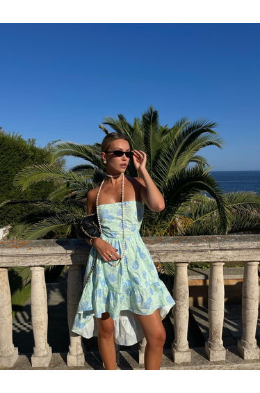 Niamh Strapless Hi-Low Dress -Mint-Blue Floral