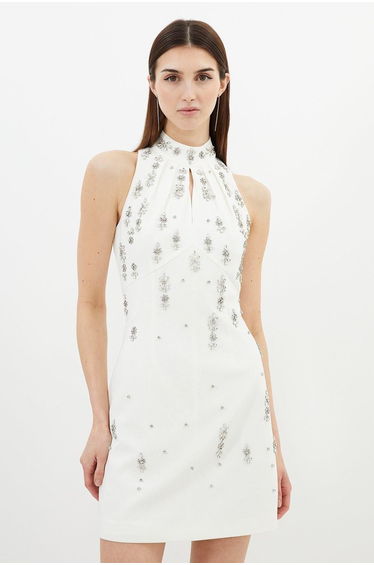 Crystal Embellished Mini Halter Dress
