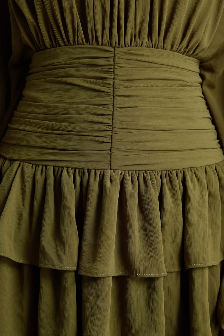 Imma | Olive High-Neck Mini Dress With Ruffled Detailing - 5
