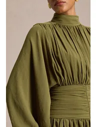 Imma | Olive High-Neck Mini Dress With Ruffled Detailing - 4
