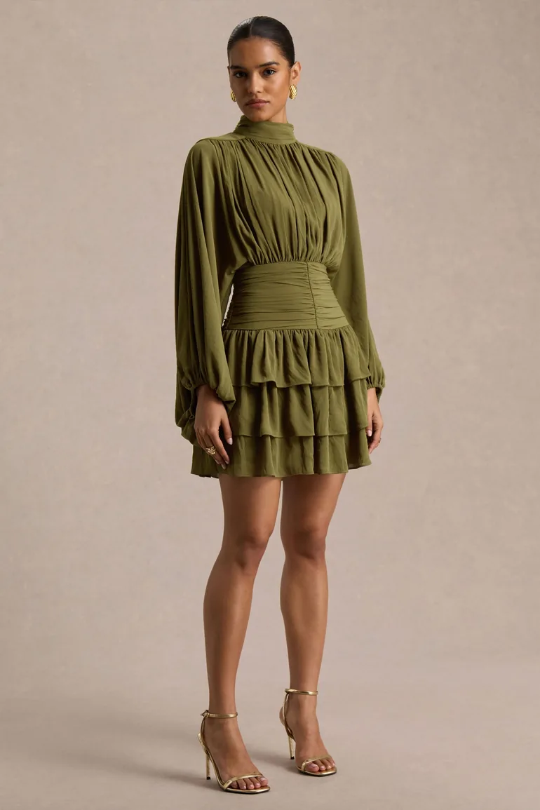 Imma | Olive High-Neck Mini Dress With Ruffled Detailing