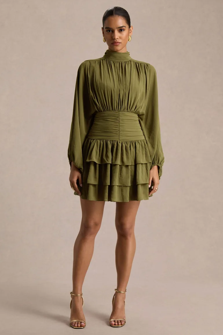 Imma | Olive High-Neck Mini Dress With Ruffled Detailing - 1