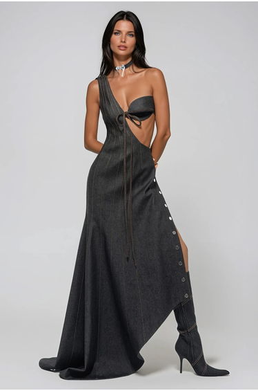 Firdavs One Shoulder Denim Deconstruct Maxi Dress