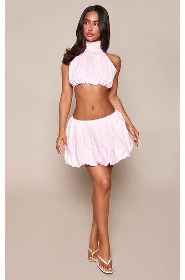 Petite Baby Pink Linen Puffball High Neck Top Co-ord