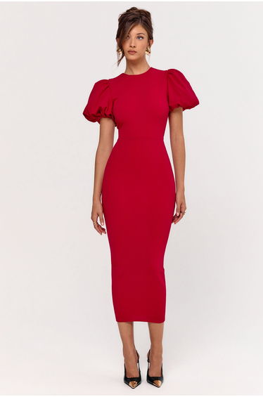 Dakota | Red Puff-Sleeve Midi Dress