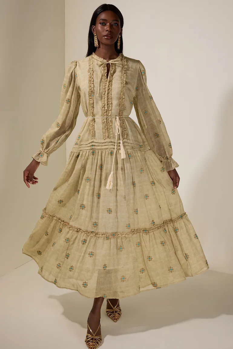 Embroidered Frill Tie-Up Midi Dress With Belt JardinVue : Day Dresses :  VogaCloset Iraq