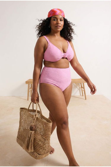 Pink Seashell Textured Fabric High Waist Plus Size Bikini Bottom