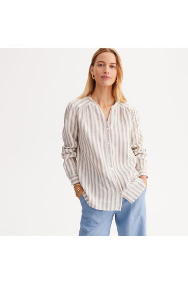 Striped Linen Blouse with Crew Neck and Long Sleeves