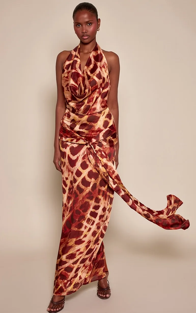 cowl neck bodycon maxi dress Women's Chocolate Satin Cowl Neck Drape Maxi Dress