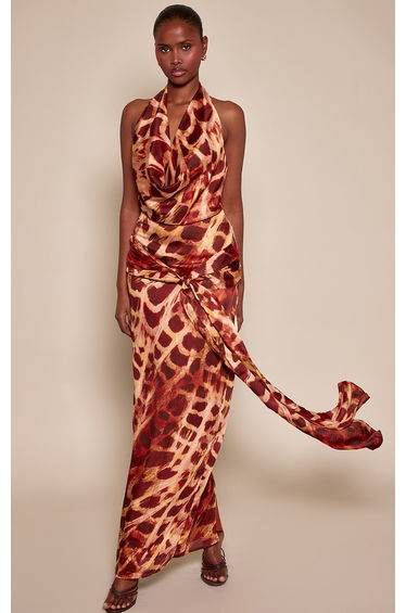 Brown Snake Cowl Neck Tie Front Maxi Dress