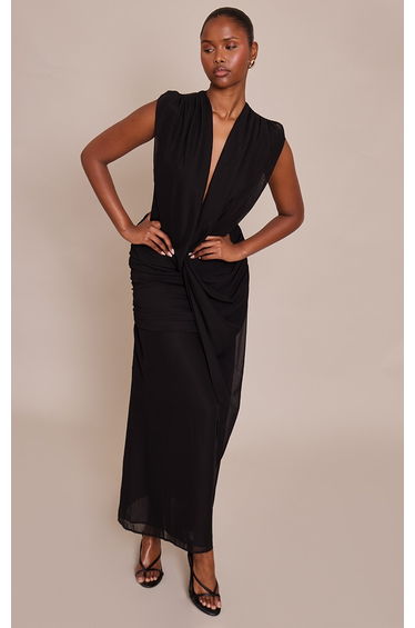 Black Chiffon Plunge Neck Draped Maxi Dress