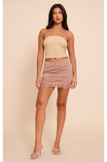 Mushroom Satin Lace Trim Mini Skirt