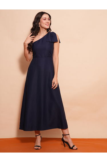 Women Navy Blue Solid One Shoulder A-Line Maxi Dress with Bow Detail