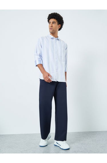 Men Navy Blue Wide Leg Trousers