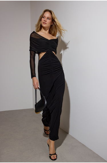 Black Window/Cut Out Tulle Detailed Knitted Maxi Elegant Evening Night Graduation Dress