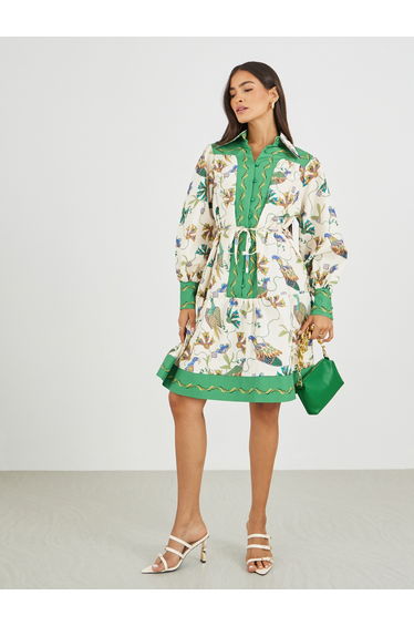Printed Long Sleeves Shirt Knee-Length Dress