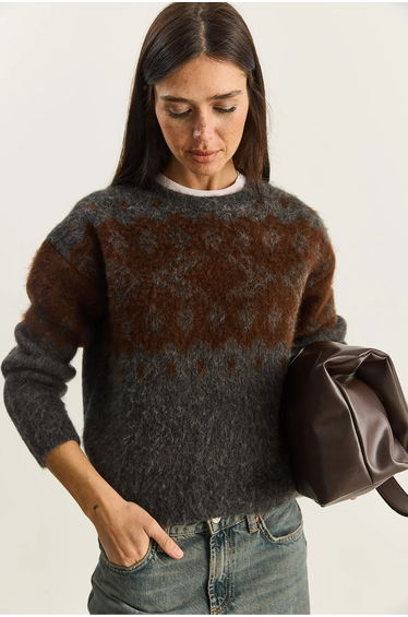LUCCI Ethnic Pattern Thick Knit Sweater with Crew Neck