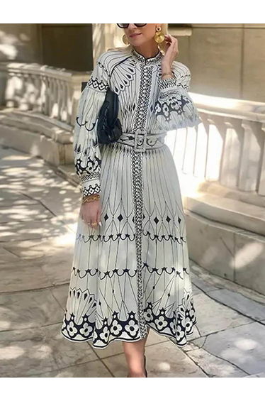 Vintage Casual Lantern Sleeve Floral Print Midi Dress