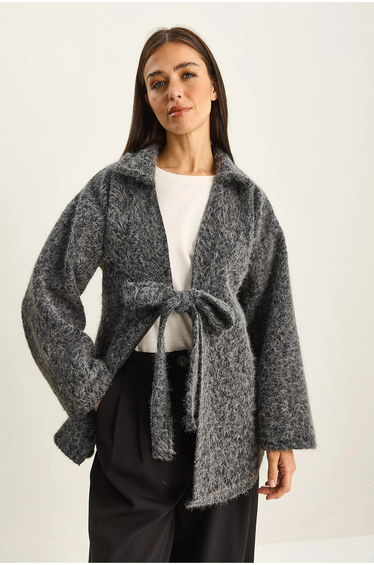 LUCCI Textured Oversized V-Neck Tie Closure Jacket