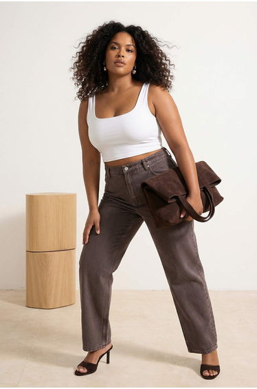 Brown Yüksel Waist 90S Straight Fit 100% Cotton Plus Size Jeans