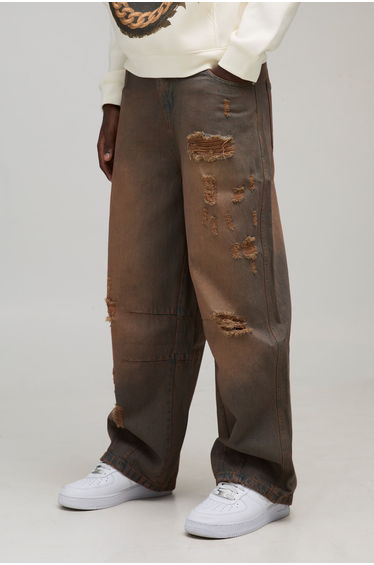 Barrel Distressed Knee Rip Jeans - light brown