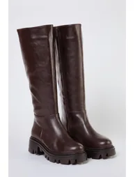 Dark Brown Thick Soled Short Heeled Zippered Women's Boots - 1