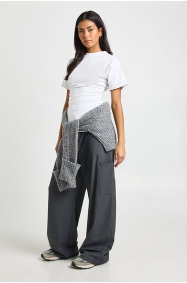Jersey Ruched Waist Cap Sleeve T-Shirt - white