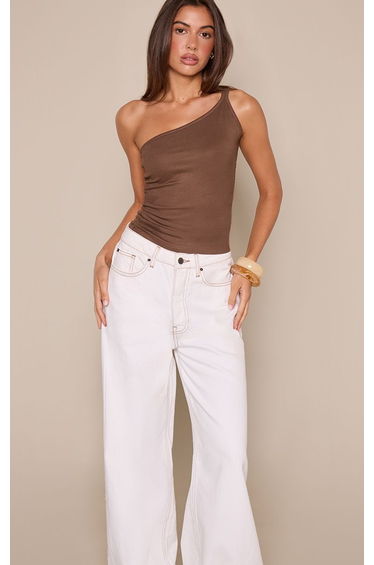 Chocolate Soft Rib Asymmetric Neckline Vest Top