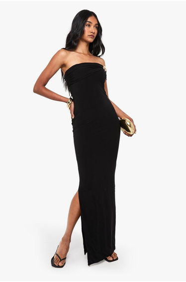 Bandeau Gold Trim Maxi Dress - black