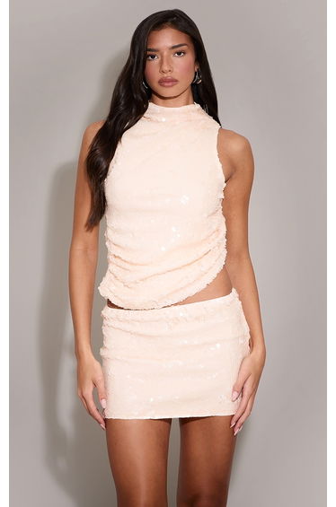 Nude Sequin Ruched Asymmetric Top